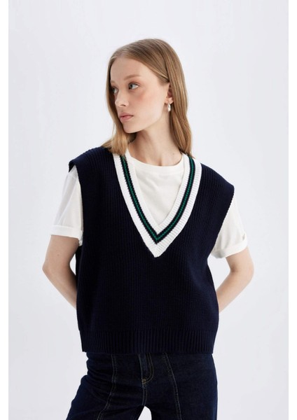 Regular Fit V Yaka Selanik Örgülü Triko Süveter A3867AX24AU