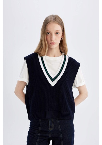 Regular Fit V Yaka Selanik Örgülü Triko Süveter A3867AX24AU