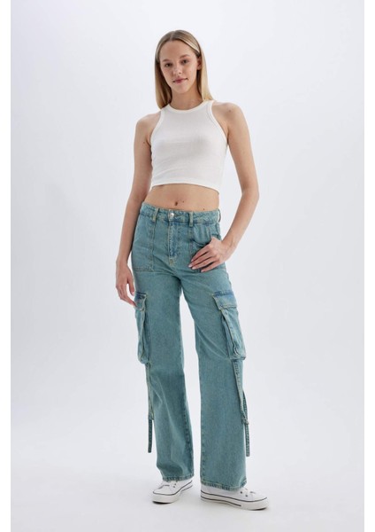 Wide Leg Kargo Yüksek Bel Uzun Jean Yıkamalı Pantolon D1228AX24HS