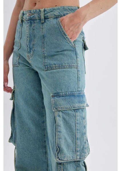 Wide Leg Kargo Yüksek Bel Uzun Jean Yıkamalı Pantolon D1228AX24HS