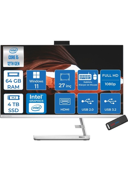 Ideacentre Aıo 3 27IAP7 Intel Core I5 12450H 64GB 4tb SSD WIN11PRO 27" Fhd (1920X1080) IPS 250NITS All In One Bilgisayar Beyaz WF0GJ0127TRP30+ZETTAUSBBELLEK