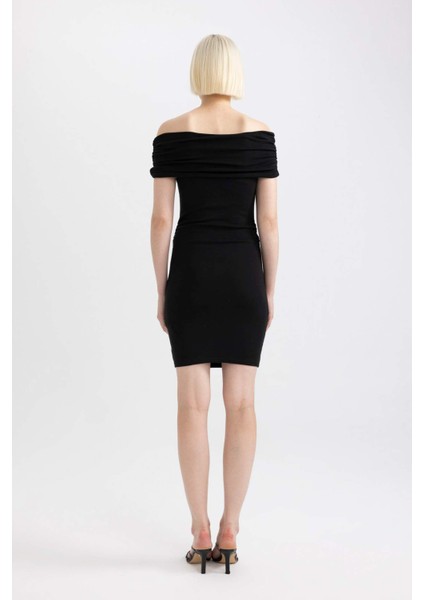Bodycon Vücudu Saran Omuzu Açık Fitilli Kaşkorse Uzun Kollu Mini Elbise D1171AX24SM