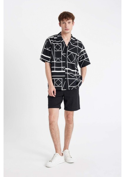 Relax Fit Yazlık Apaş Yaka Baskılı Viskon Kısa Kollu Gömlek C7700AX24SM