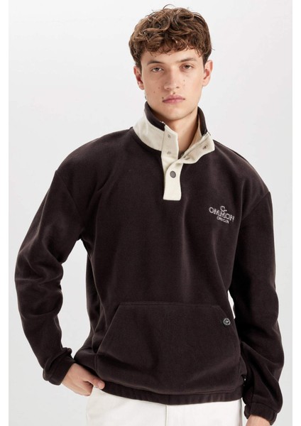 Boxy Fit Çıtçıtlı Dik Yaka Nakışlı Polar Sweatshirt D2029AX24WN