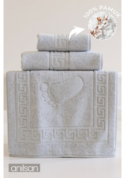 Pamuk 3'lü Gri Havlu Seti - 1 Adet El Havlusu, 1 Adet Banyo Havlusu ve 1 Adet Ayak Havlusu