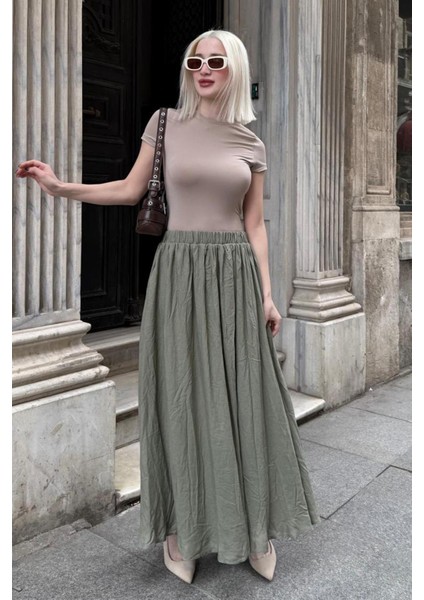 Yeşil Vual Kumaş Basic Kadın Uzun Boy Kadın Etek MG2366