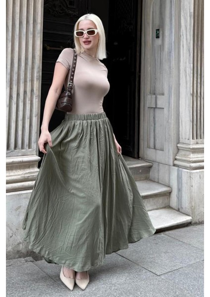 Yeşil Vual Kumaş Basic Kadın Uzun Boy Kadın Etek MG2366 modelleri