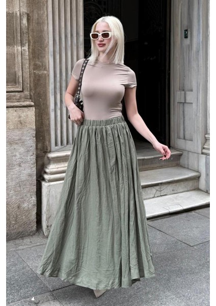 Yeşil Vual Kumaş Basic Kadın Uzun Boy Kadın Etek MG2366 fırsatları