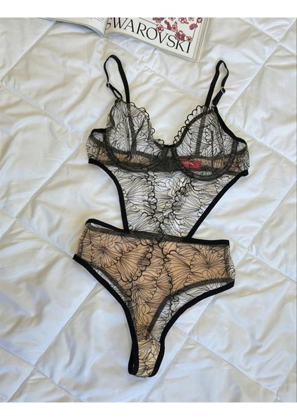 Desenli Ten Siyah Bodysuit