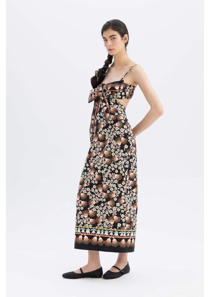 Lug Von Siga x DeFacto Bodycon Desenli Askılı Poplin Midi Elbise