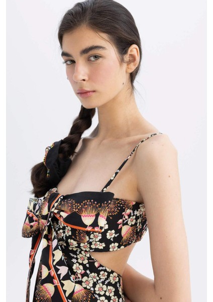 Lug Von Siga x DeFacto Bodycon Desenli Askılı Poplin Midi Elbise