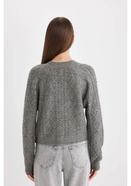 Relax Fit V Yaka Saç Örgülü Triko Kazak C9060AX24WN