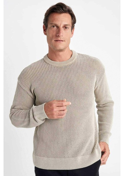 %100 Pamuk Relax Fit Bisiklet Yaka Dokulu Triko Kazak D2061AX24AU