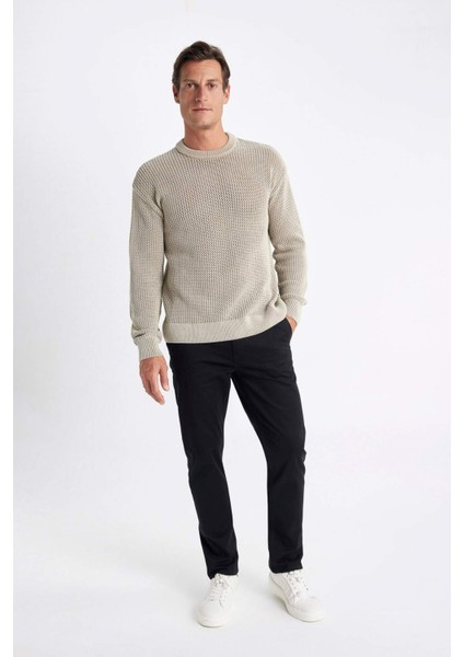 %100 Pamuk Relax Fit Bisiklet Yaka Dokulu Triko Kazak D2061AX24AU