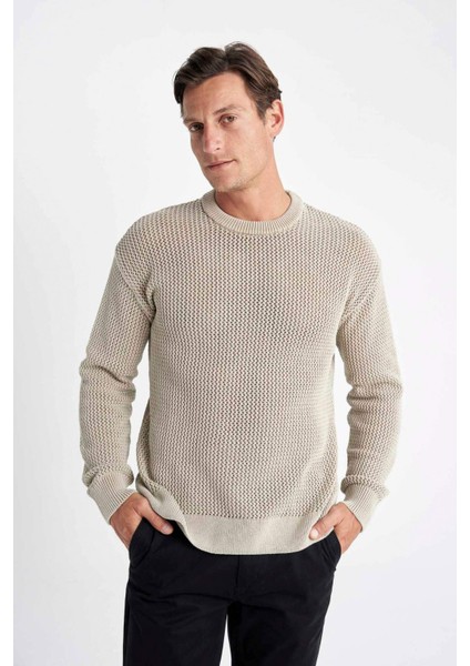 %100 Pamuk Relax Fit Bisiklet Yaka Dokulu Triko Kazak D2061AX24AU