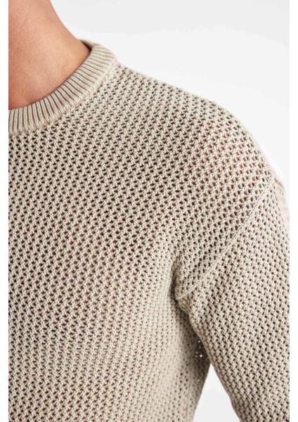 %100 Pamuk Relax Fit Bisiklet Yaka Dokulu Triko Kazak D2061AX24AU