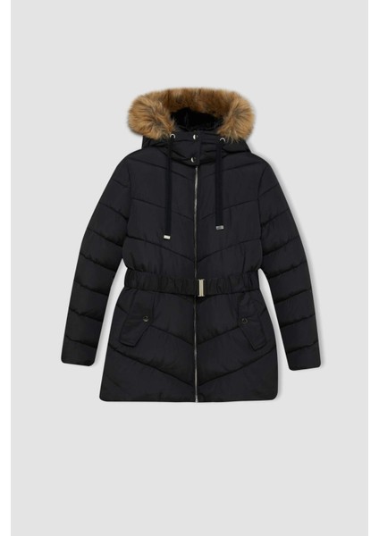 Su Geçirmez Puffer Şişme Mont Rüzgar Geçirmez Kapüşonlu İçi Suni Kürklü Kapitoneli Kemerli Hafif Uzun A2969AX24WN