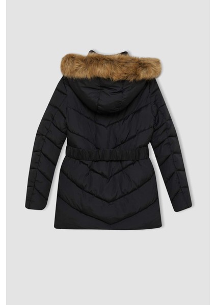 Su Geçirmez Puffer Şişme Mont Rüzgar Geçirmez Kapüşonlu İçi Suni Kürklü Kapitoneli Kemerli Hafif Uzun A2969AX24WN