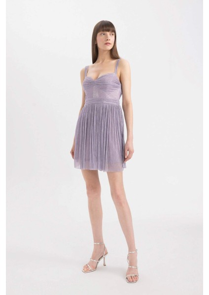 Kalp Yaka Parlak Kumaş Askılı Mini Abiye Elbise D1520AX24SM