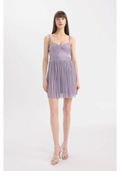 Kalp Yaka Parlak Kumaş Askılı Mini Abiye Elbise D1520AX24SM