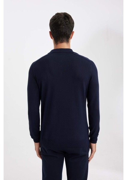 Lacivert Standart Fit Normal Kesim Fermuarlı Polo Yaka Triko Kazak D0621AX24AU