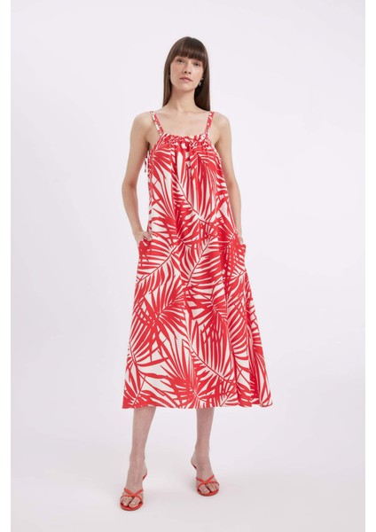 Gömlek Yaka Desenli Keten Karışımlı Askılı Midi Elbise