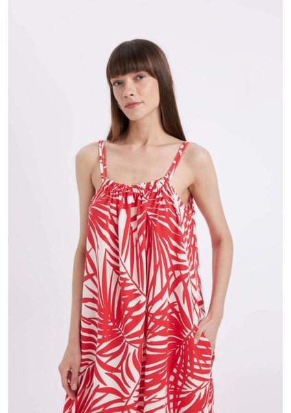 Gömlek Yaka Desenli Keten Karışımlı Askılı Midi Elbise