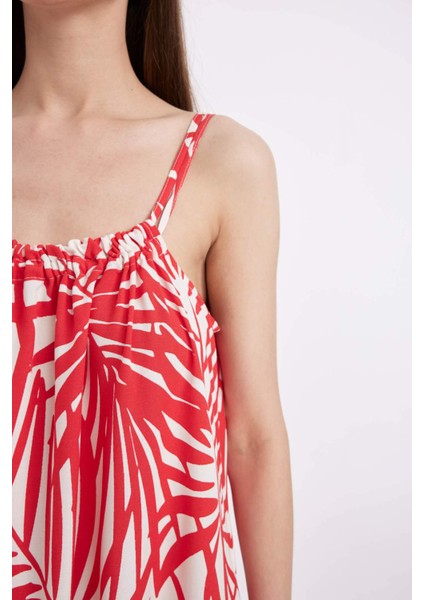 Gömlek Yaka Desenli Keten Karışımlı Askılı Midi Elbise