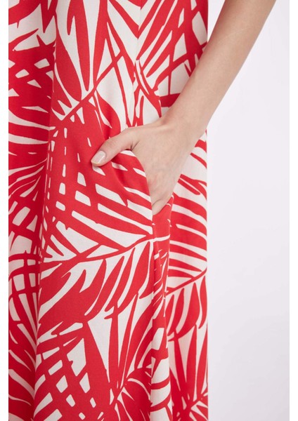 Gömlek Yaka Desenli Keten Karışımlı Askılı Midi Elbise