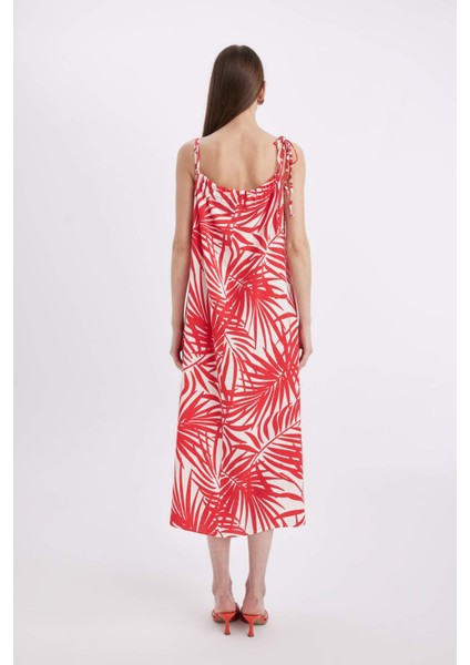 Gömlek Yaka Desenli Keten Karışımlı Askılı Midi Elbise