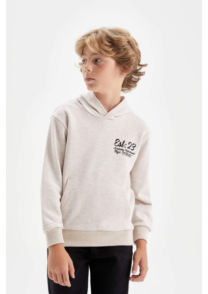 Erkek Çocuk Bej Kapüşonlu Baskılı Okul Sweatshirt C7557A824AU