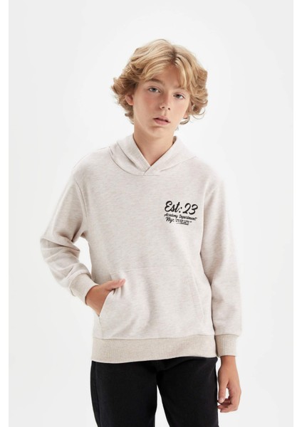 Erkek Çocuk Bej Kapüşonlu Baskılı Okul Sweatshirt C7557A824AU
