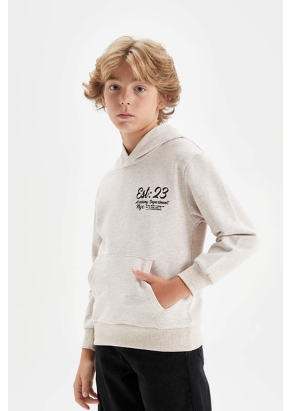 Erkek Çocuk Bej Kapüşonlu Baskılı Okul Sweatshirt C7557A824AU