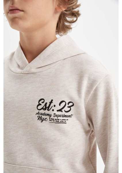Erkek Çocuk Bej Kapüşonlu Baskılı Okul Sweatshirt C7557A824AU