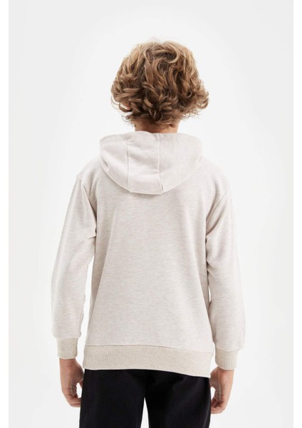 Erkek Çocuk Bej Kapüşonlu Baskılı Okul Sweatshirt C7557A824AU