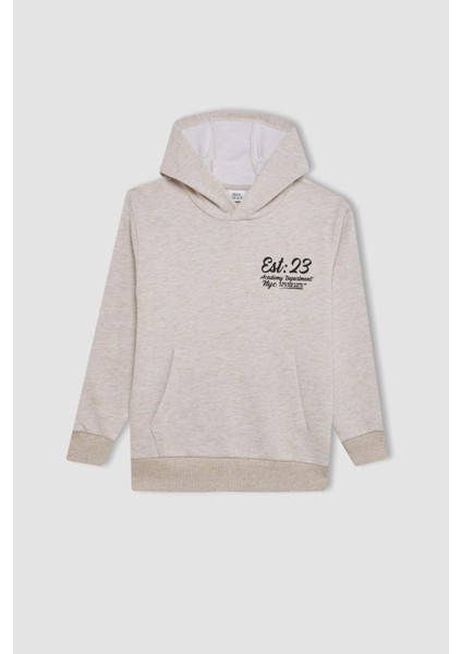 Erkek Çocuk Bej Kapüşonlu Baskılı Okul Sweatshirt C7557A824AU