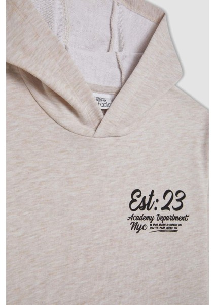 Erkek Çocuk Bej Kapüşonlu Baskılı Okul Sweatshirt C7557A824AU