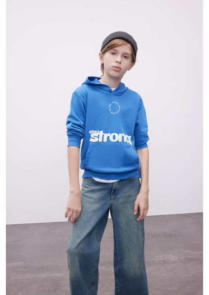 Erkek Çocuk Yeşil Yazı Baskılı Cepli Kapüşonlu Okul Sweatshirt