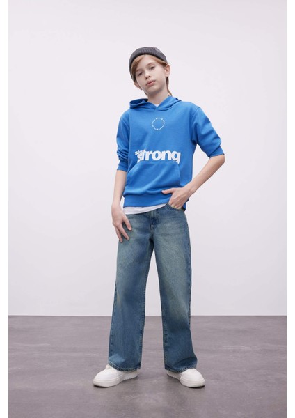 Erkek Çocuk Yeşil Yazı Baskılı Cepli Kapüşonlu Okul Sweatshirt