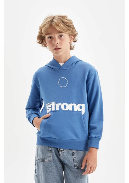 Erkek Çocuk Yeşil Yazı Baskılı Cepli Kapüşonlu Okul Sweatshirt