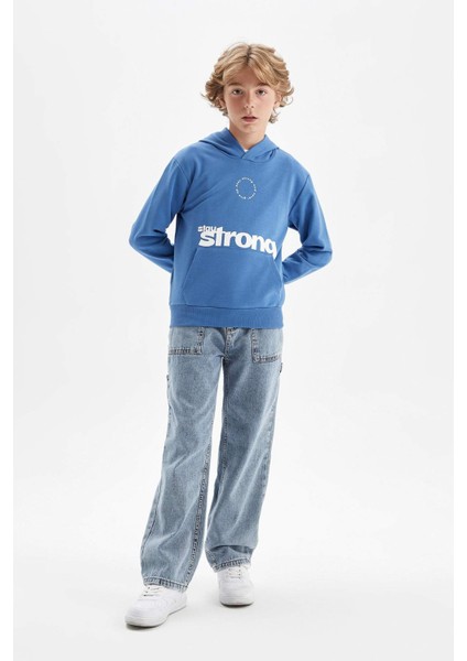 Erkek Çocuk Yeşil Yazı Baskılı Cepli Kapüşonlu Okul Sweatshirt