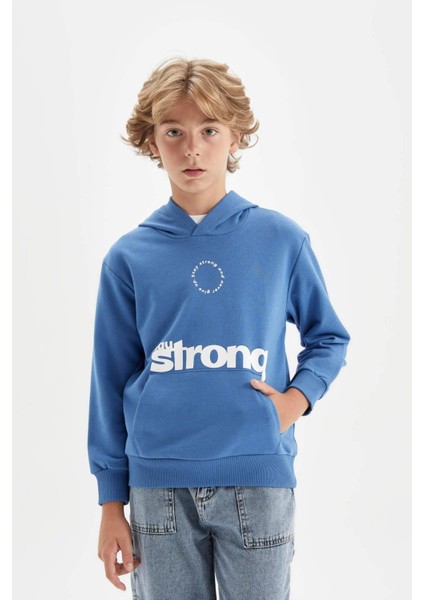 Erkek Çocuk Yeşil Yazı Baskılı Cepli Kapüşonlu Okul Sweatshirt