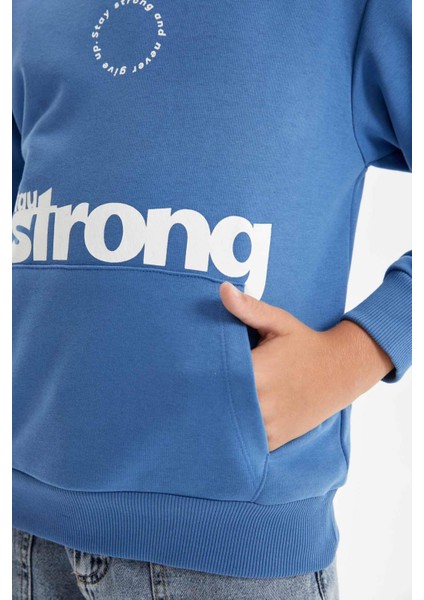 Erkek Çocuk Yeşil Yazı Baskılı Cepli Kapüşonlu Okul Sweatshirt