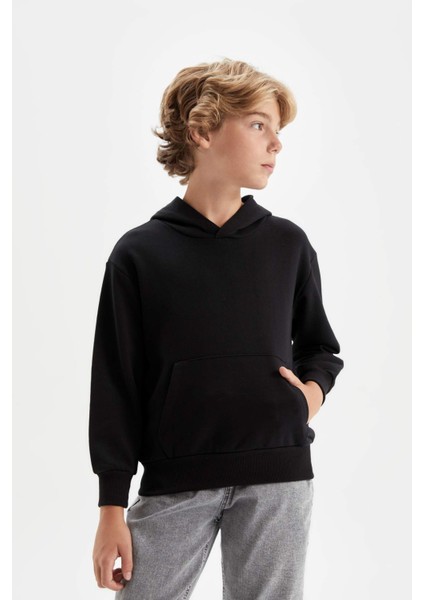 Erkek Çocuk Siyah Cepli Kapüşonlu Basic Düz Okul Sweatshirt C7564A824AU