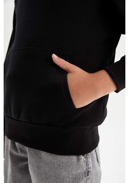 Erkek Çocuk Siyah Cepli Kapüşonlu Basic Düz Okul Sweatshirt C7564A824AU