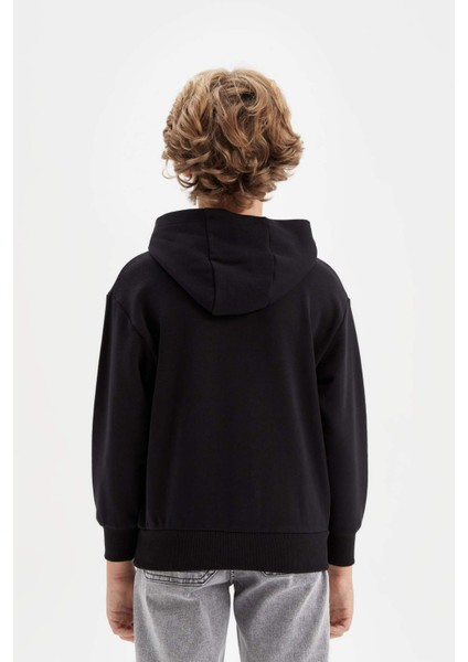 Erkek Çocuk Siyah Cepli Kapüşonlu Basic Düz Okul Sweatshirt C7564A824AU
