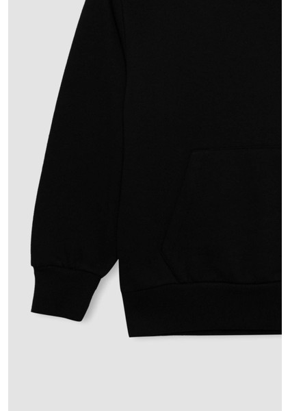 Erkek Çocuk Siyah Cepli Kapüşonlu Basic Düz Okul Sweatshirt C7564A824AU