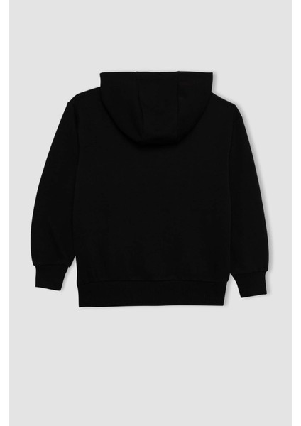 Erkek Çocuk Siyah Cepli Kapüşonlu Basic Düz Okul Sweatshirt C7564A824AU
