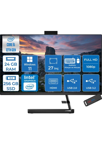 Ideacentre Aıo 3 27IAP7 Intel Core I5 12450H 24GB 256GB SSD WIN11HOME 27" Fhd (1920X1080) IPS 250NITS All In One Bilgisayar Siyah WF0GJ0129TRH06+ZETTAUSBBELLEK