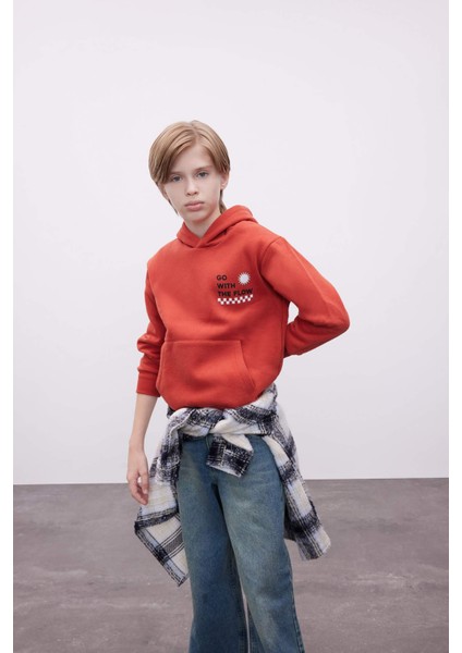 Erkek Çocuk Cepli Yazı Baskılı Kapüşonlu Okul Sweatshirt C7567A824WN